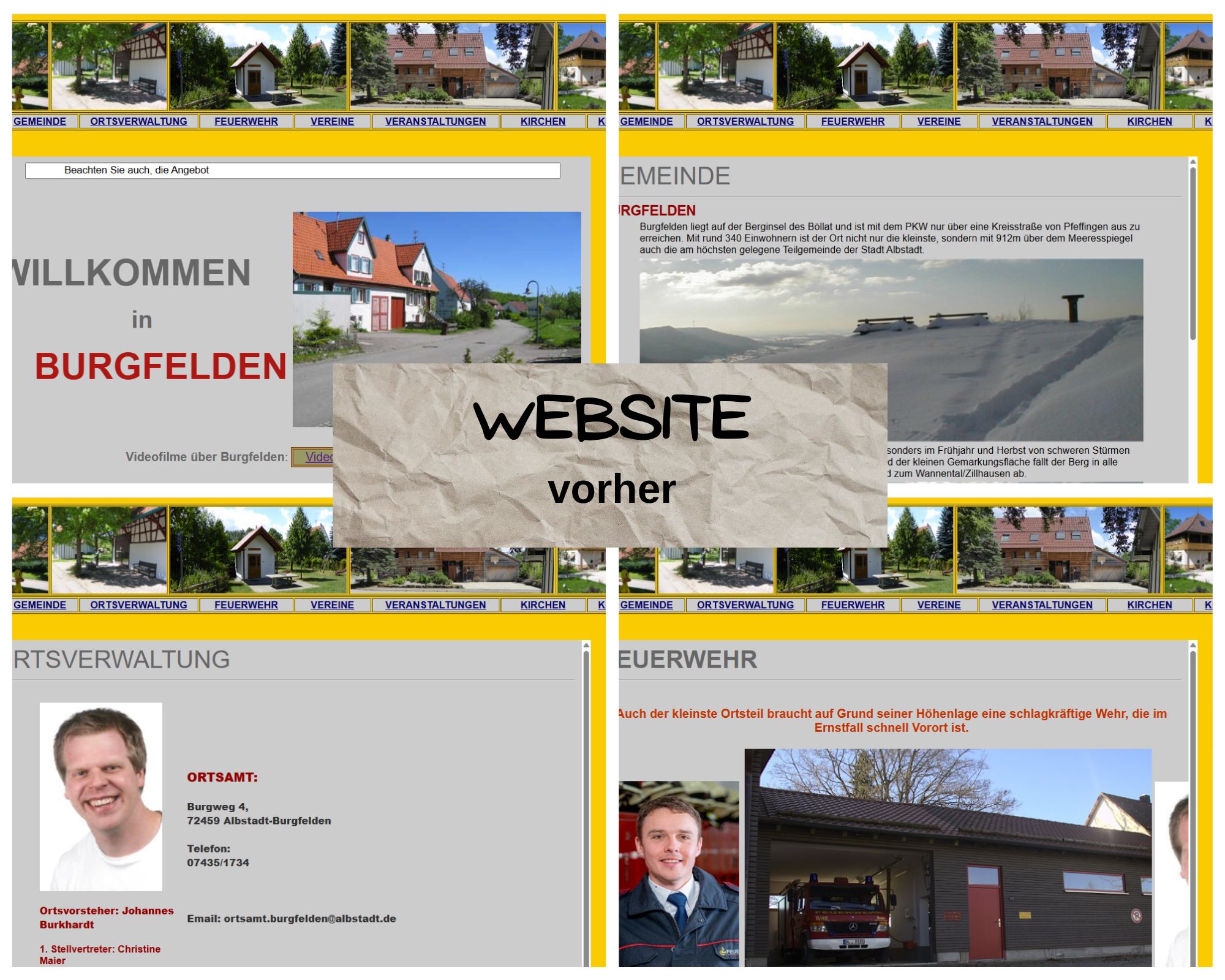 alte webseite collage einzelner seiten