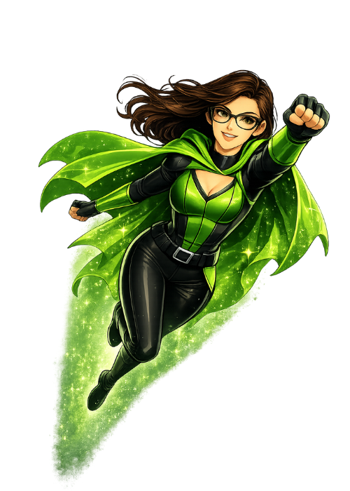 Fliegende Heldin in grünem Outfit