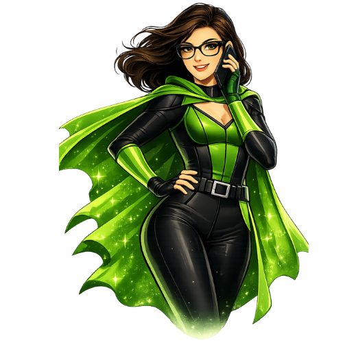 Superheldin in grünem Outfit beim telefonieren